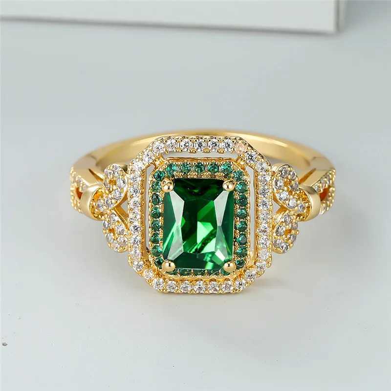 Green zircon square stone ring womens luxury crystal engagement ring classic gold wedding ring womens minimalist band W240925