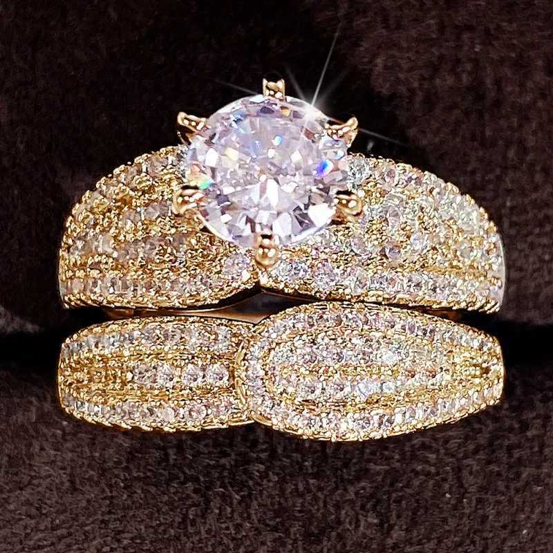 Huitan Hot 2Pcs Set Ring Fashion Jewelry Womens Silver/Gold Full Color Sparkling Ice CZ Luxury Wedding Accessories W240925