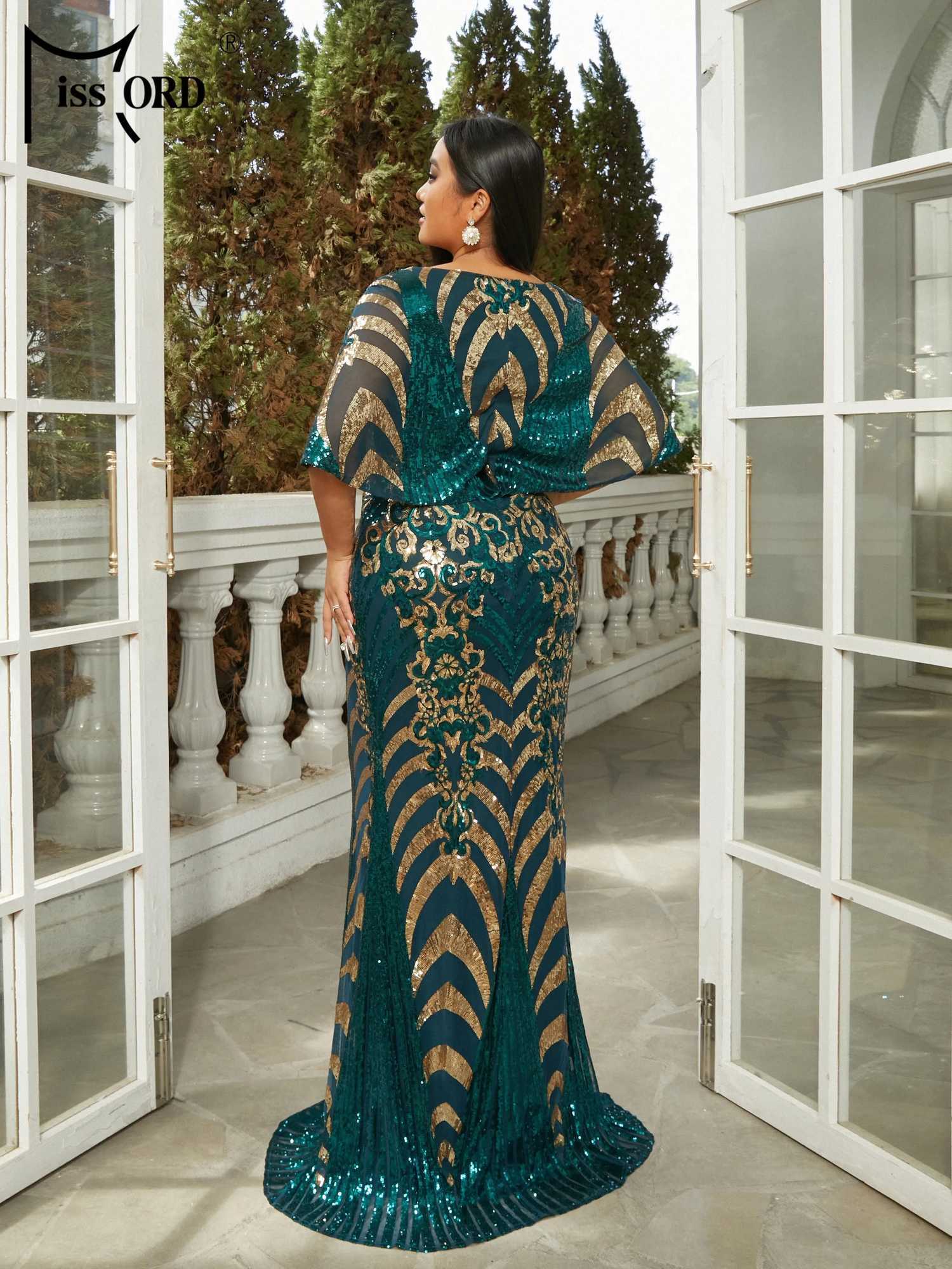 Missord New Plus Size Green V Neck Geometric Batwing Sleeve Sequin Mermaid Evening Prom Floor Length Dress M240924