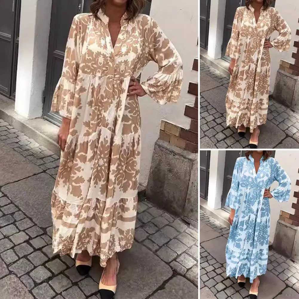 V-neck Printed Dress Elegant Floral Maxi Dress with V Neck Ruffle Patchwork Hem Womens Long Sleeve Single-breasted Commuting M240924