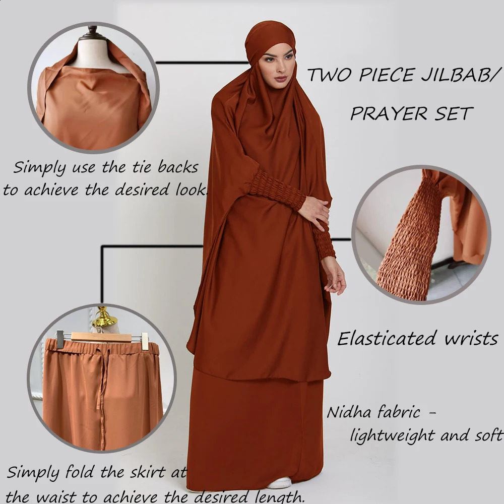 Two piece Jilbab Prayer Set Abaya Female Batwing Headscarf Dress Muslim Kimono Kaftan Robe Long Khimar Islamic Cloth Jilbab Ramadan 240925