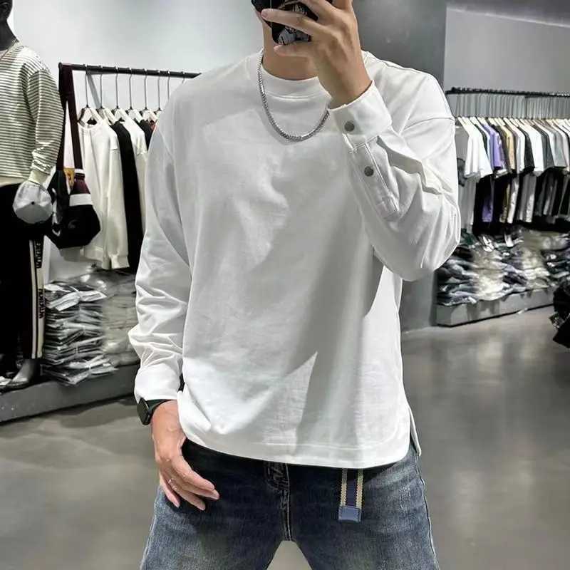 Autumn Winter New Fashion Round Neck Long Sleeve Solid Sweatshirt Mens Clothing Casual Button Cuffs Korean Trend All-match TopsX240925