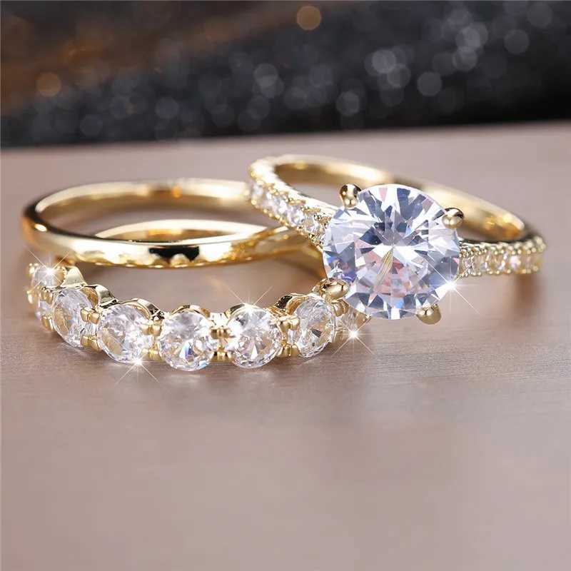 3 pieces of womens crystal white round zircon engagement ring set cute yellow gold womens wedding jewelry W240925