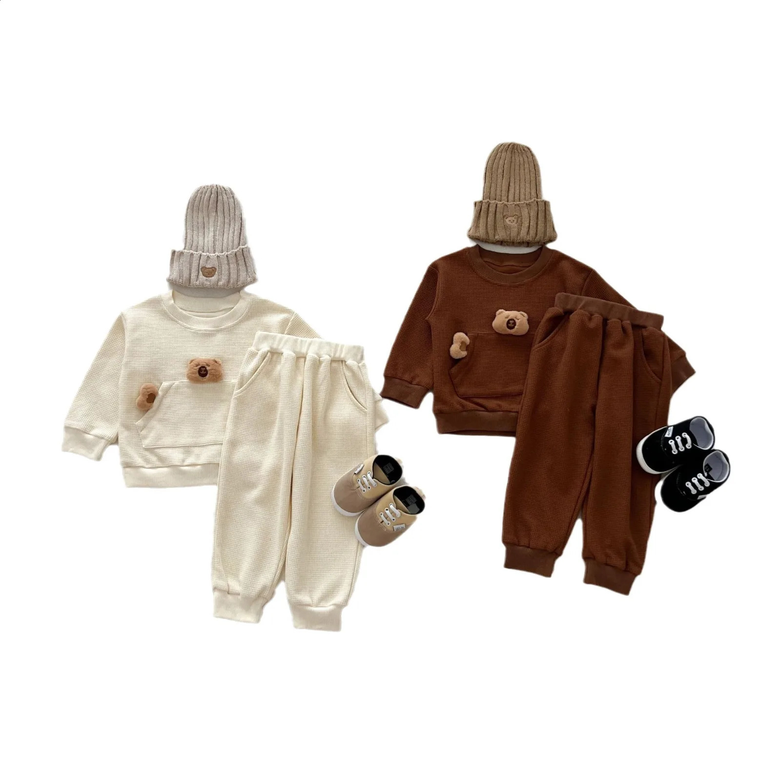Korean Autumn Baby Boy 2PCS Clothing Set Cartoon Bear Pocket Waffle Zipper Cotton Pants Preschool 240925
