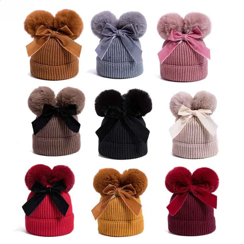 Baby Stuff Double Pompom Hat Winter Knitted Childrens Girls Warm Thick Bean 240925