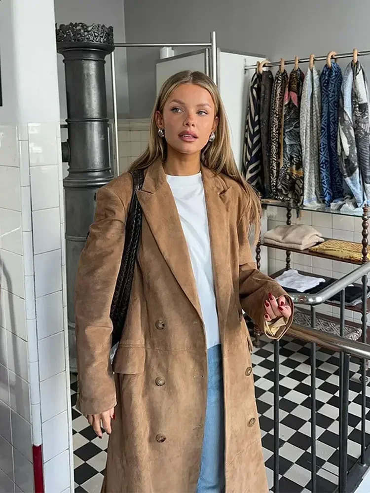2024 Fall Fashion Lapel Long Windbreaker Jacket Casual Suede Leather Womens Trench Coat Oversize Autumn High Street Outerwear 240925