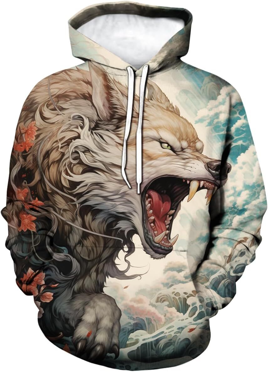 Hoodie for Mens Womens Mens Wolf Graphic Hoodie Novelty 3D Animal Pattern Pocket Sweatshirt Pullover Graphic Hoodies sweatshirt