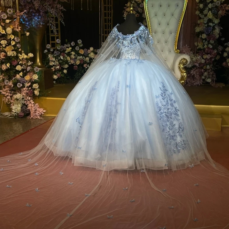 Sky Blue Shiny Quinceanera Dresses Off The Shoulder Applique Lace Beads Vestidos De 15 Anos Princess Sweet 16 Birthday XV Ball Gown