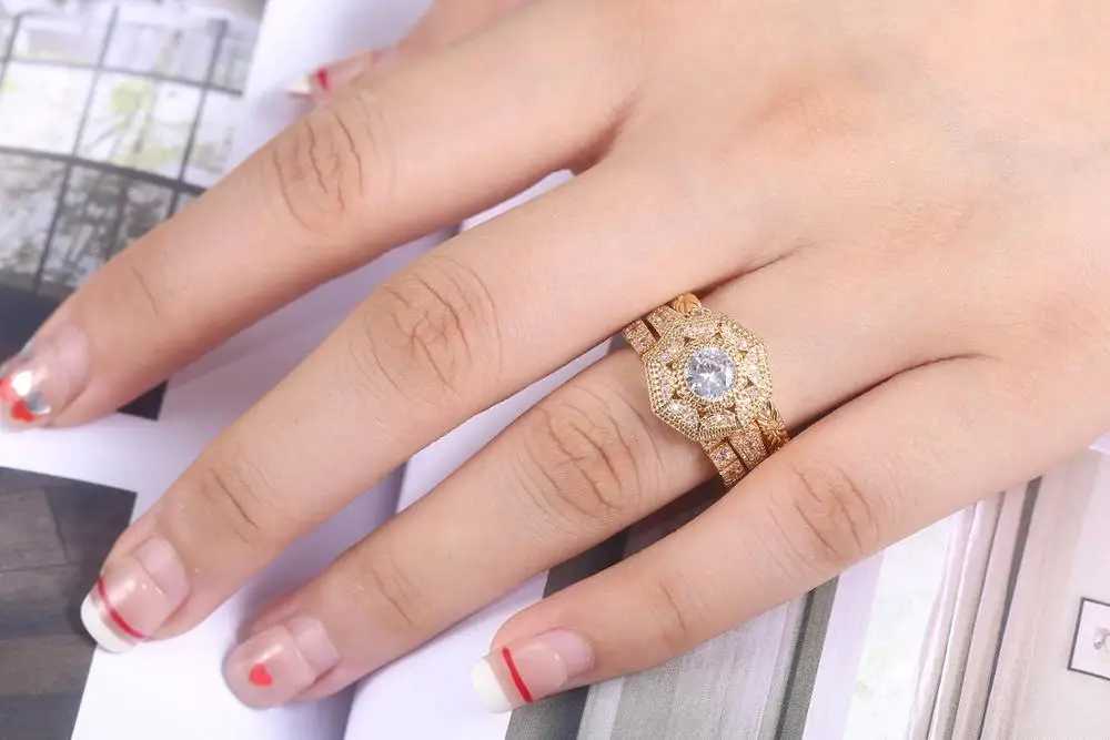 Huitan Trendy Luxury 3 PC Bridal Ring Set Noble Royal Gold Cube Zircon Factory Wholesale Womens Midi Ring W240925