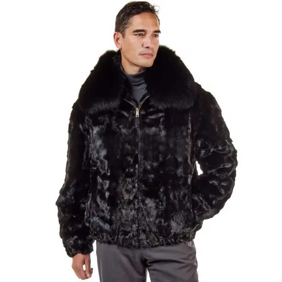 A true mens mink jacket fashionable winter warm bomber jacket with detachable fur collar best-selling in 2024 CL240925