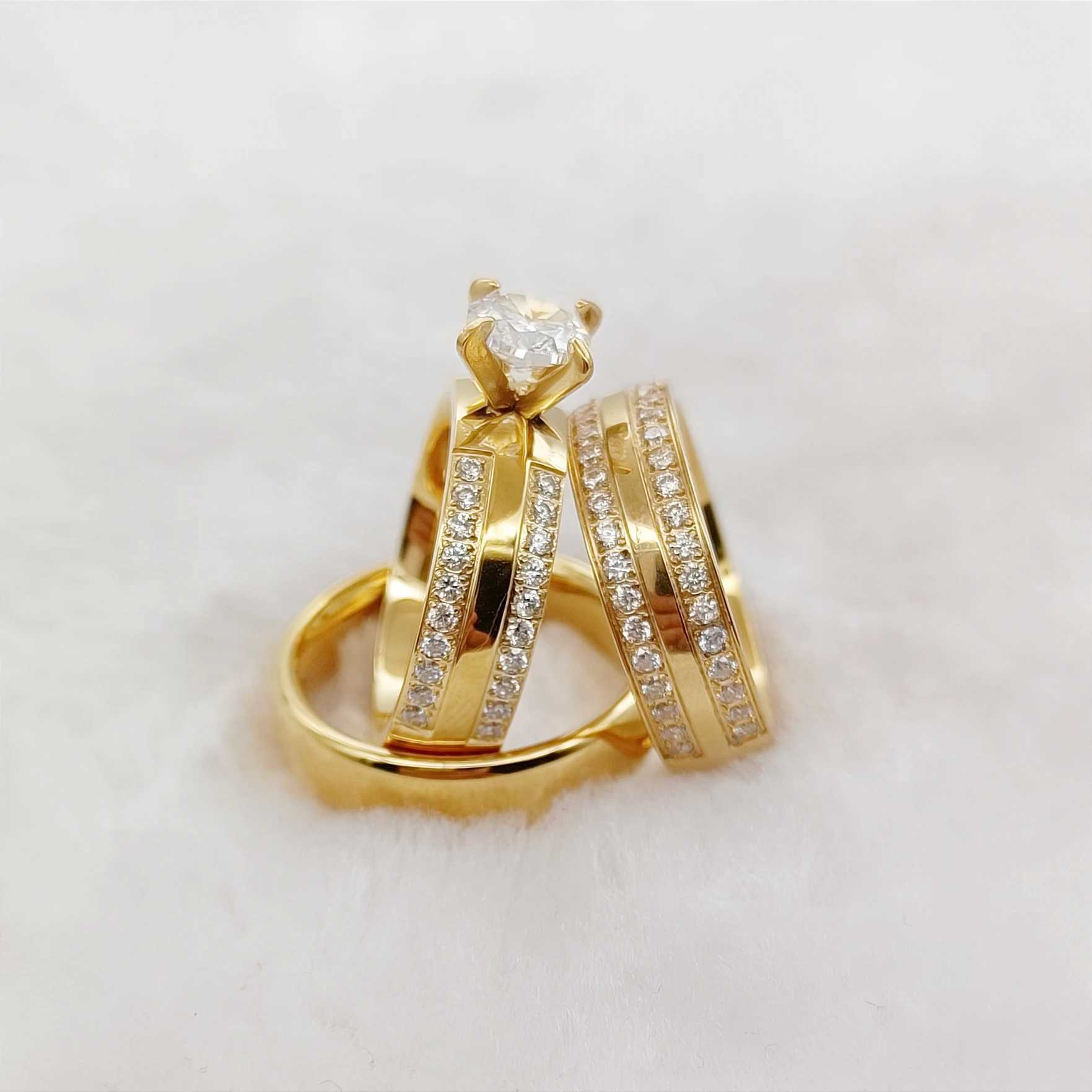 High quality 3-piece wedding engagement ring set suitable for couples CZ diamond 18k gold-plated fashionable jewelry lover ring W240925