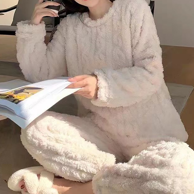 Autumn Solid Warm 2 Piece Thicken Veet Ribbed Fleece Set Pullover And Pants Women Casual Pama Sets 2023