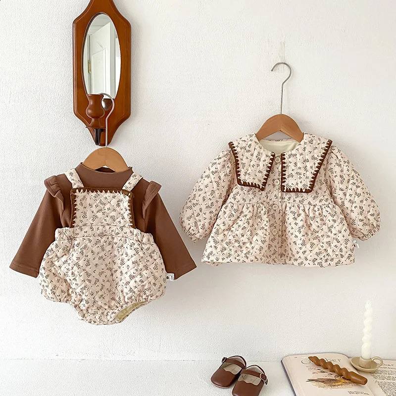 Winter Baby Girl Clothing Set Cotton Long Sleeve Top with Velvet Pendant jumpsuit Thick Warm Coat 240925
