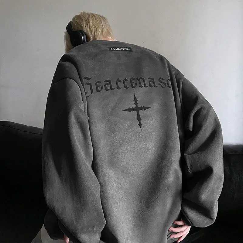 Suede heavyweight sweatshirt for men autumn and winter new round neck top trendy brand American high street vibe style jacketX240925
