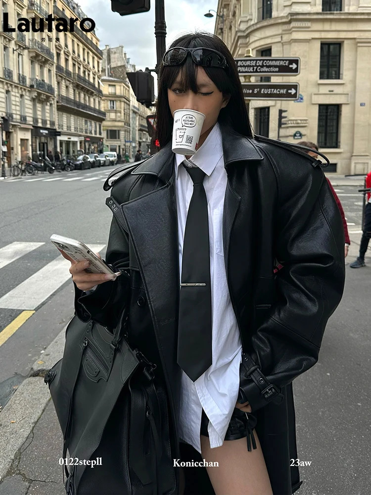 Lautaro Spring Autumn Extra Long Black Pu Leather Trench Coat for Women with Back High Slit Chic European Fashion 2024 240925