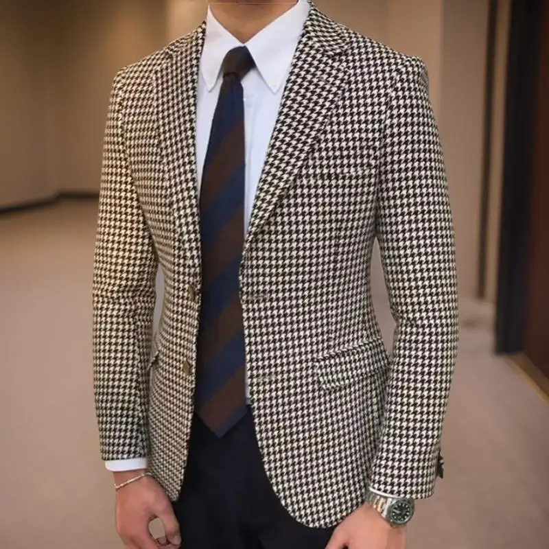 Plaid Men Suit Jacket for Business 1 Piece Check Houndstooth Male Blazer Notch Lapel American Style Wedding Suit 2024