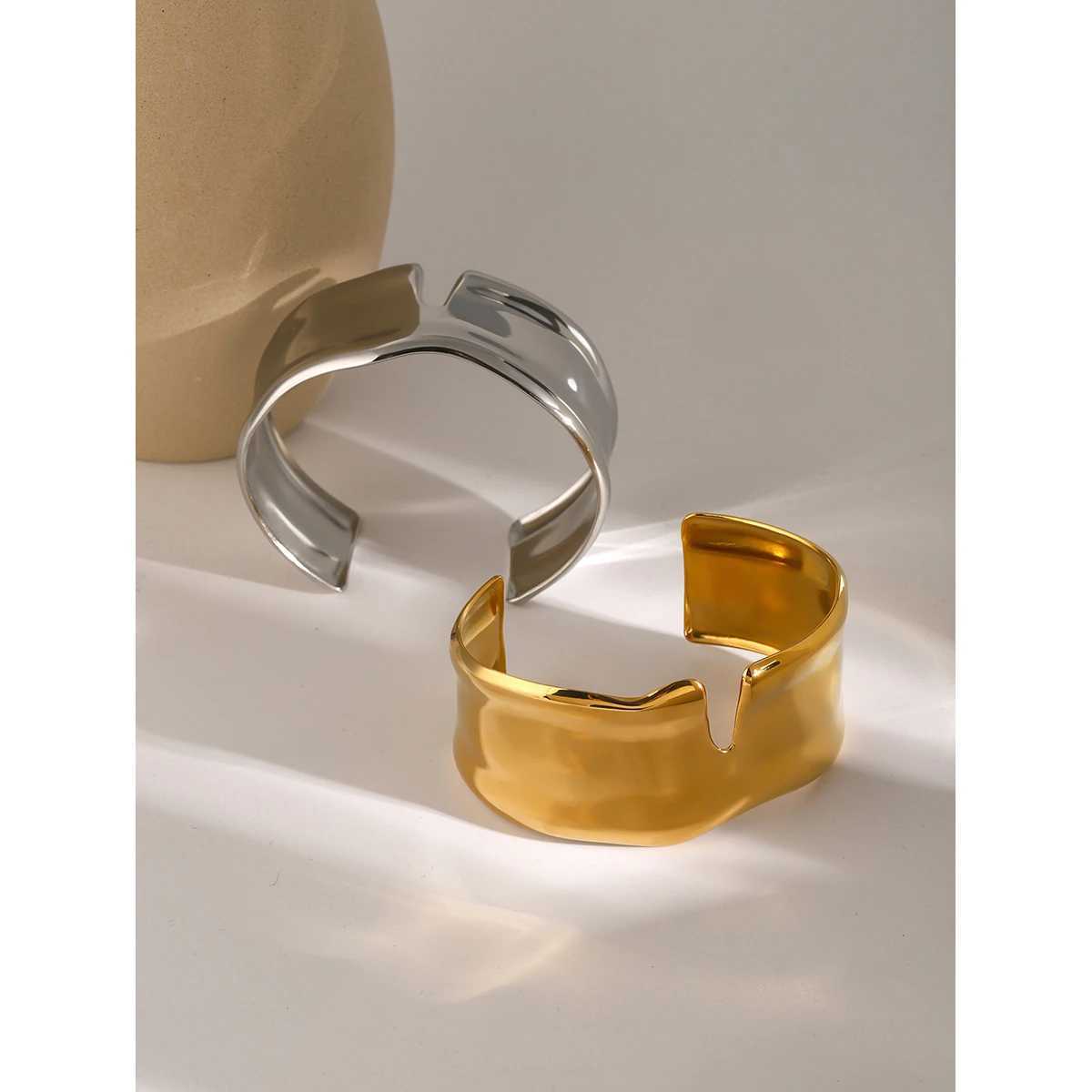 Uworld Waterproof 18K Gold Color Stainless Steel Irregular Geometric Open Cuff Bracelet Bangle Personalized Metal Texture JewelrX240925