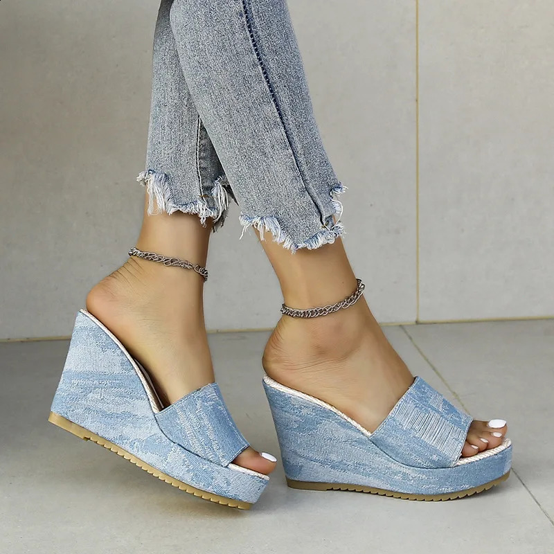 Slippers Women Summer Shoes Big Size On A Wedge Pantofle Slides Platform Heeled Mules Fashion Low Denim High Luxury PU Rome 240924