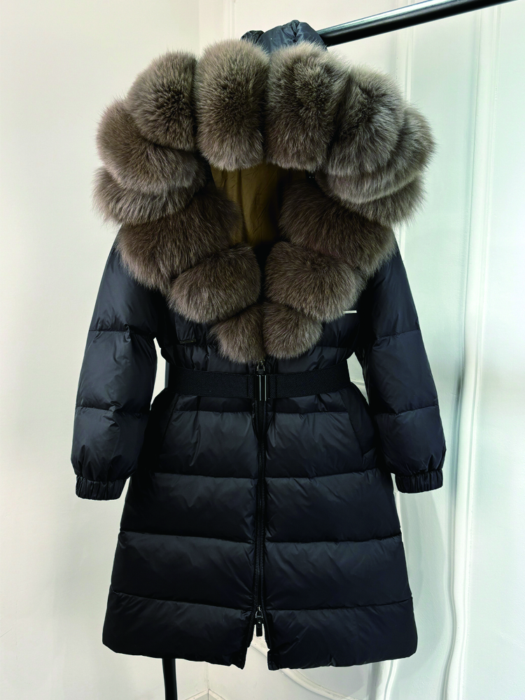 Janveny New Natural Thick Warm 90% White Duck Down Coat Long Winter Jacket Women Real Big Fox Fur Collar Belt Loose Puffer Parka