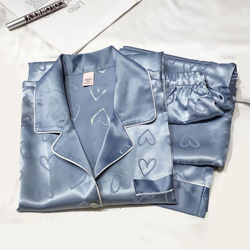 Long-Sleeved Trousers Simulation Silk Female Autumn and Winter Cardigan Lapel Student Pamas Love Blue Women's Homewear