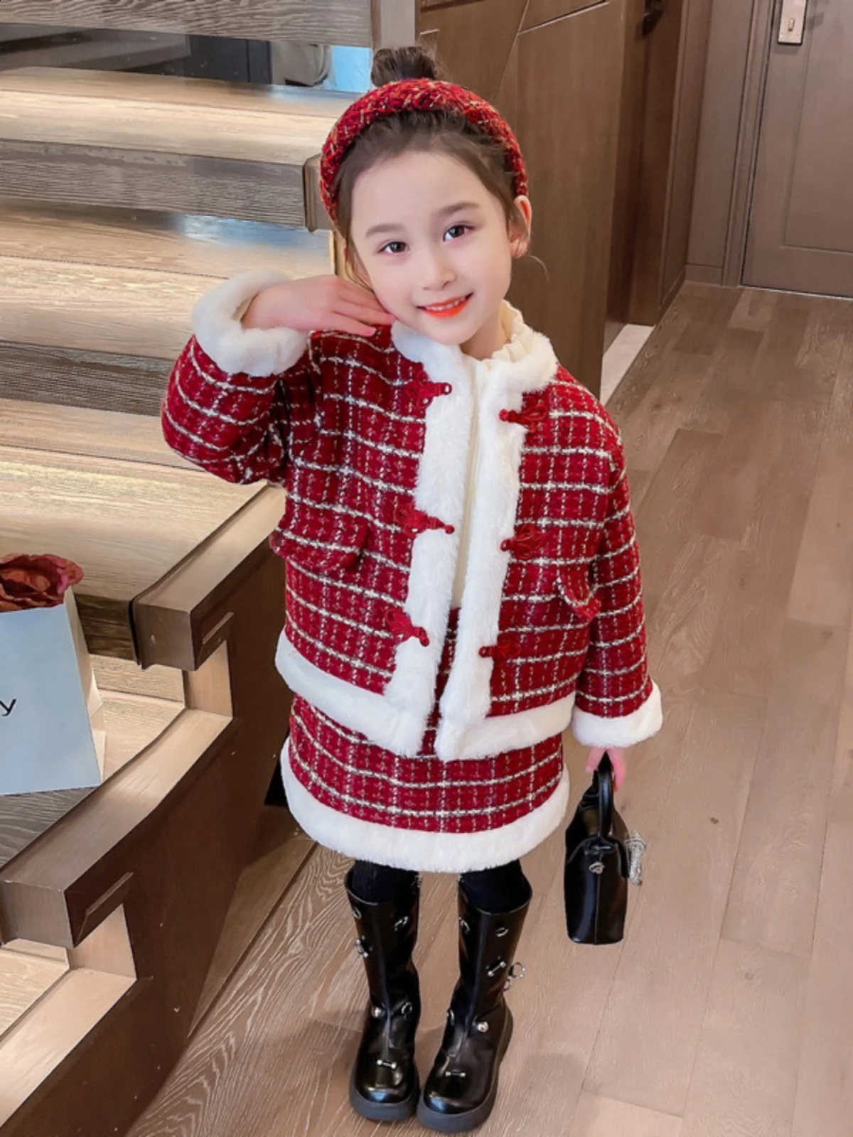 Kids 2pcs Tweed Clothes Set Girls Fashion Spring Winter Children Plush JacketDress For 1-8 Years Elegant Sweet Outfit XMP594 240913