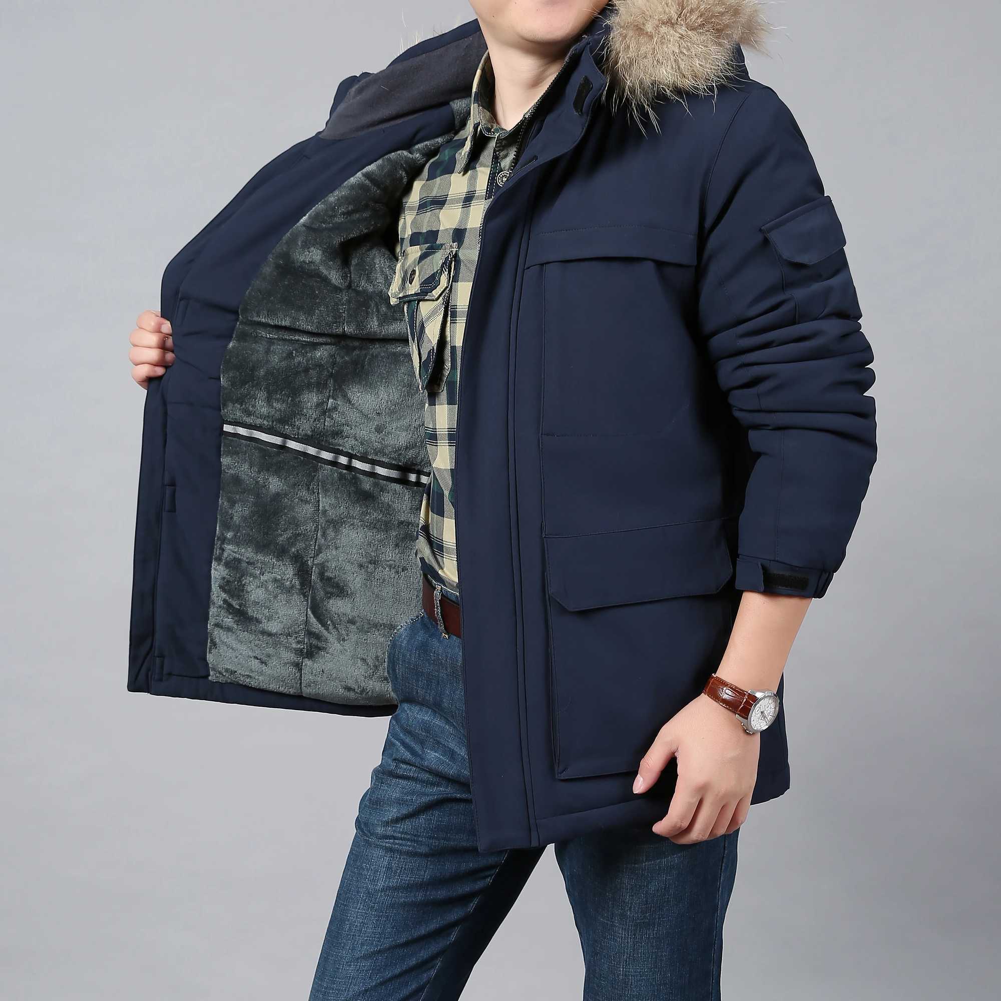 Mens winter jacket with wool lining windproof solid color outdoor park jacket hooded windproof military thick warm jacket Y240925