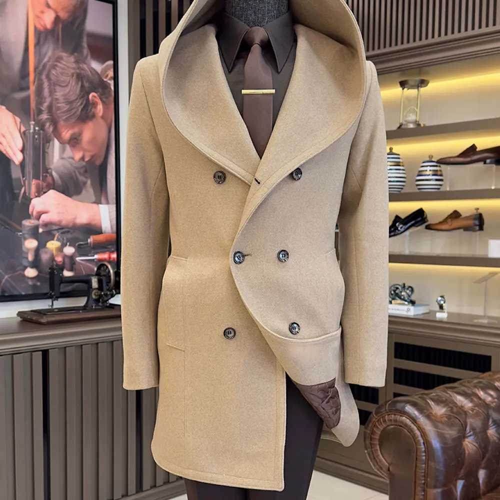 Mens wool hooded jacket vintage jacket brand clothing double chest knee length long sleeved jacket high-quality mens clothing W240924