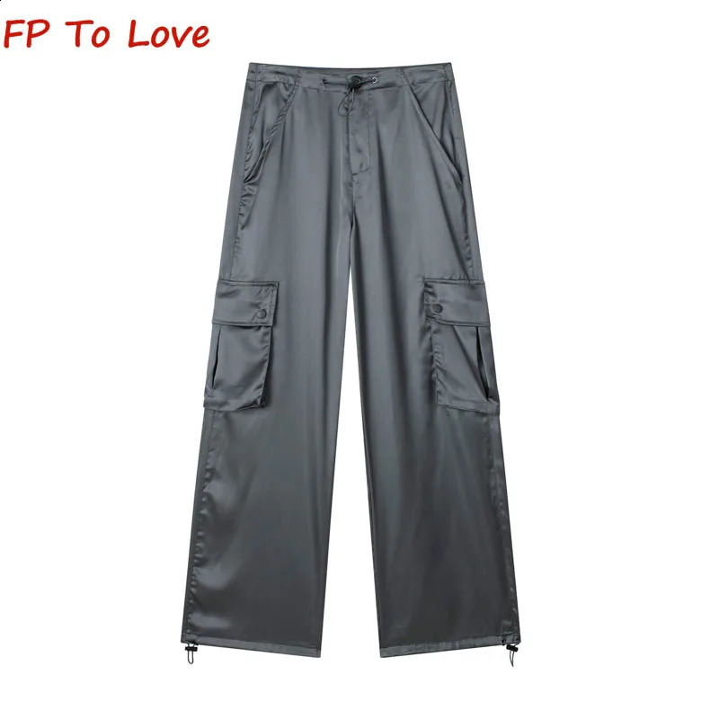 Y2K satin summer cargo pants pockets shiny elegant pants straight casual shirt pink white blog set fashionable 240925