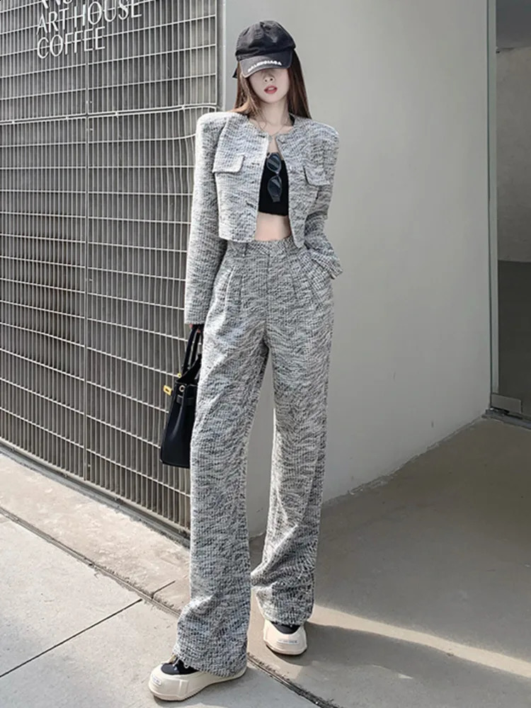 perfume tweed two-piece womens jacket jackethigh waist wide leg pants suit fashion casual two-piece suit 240925
