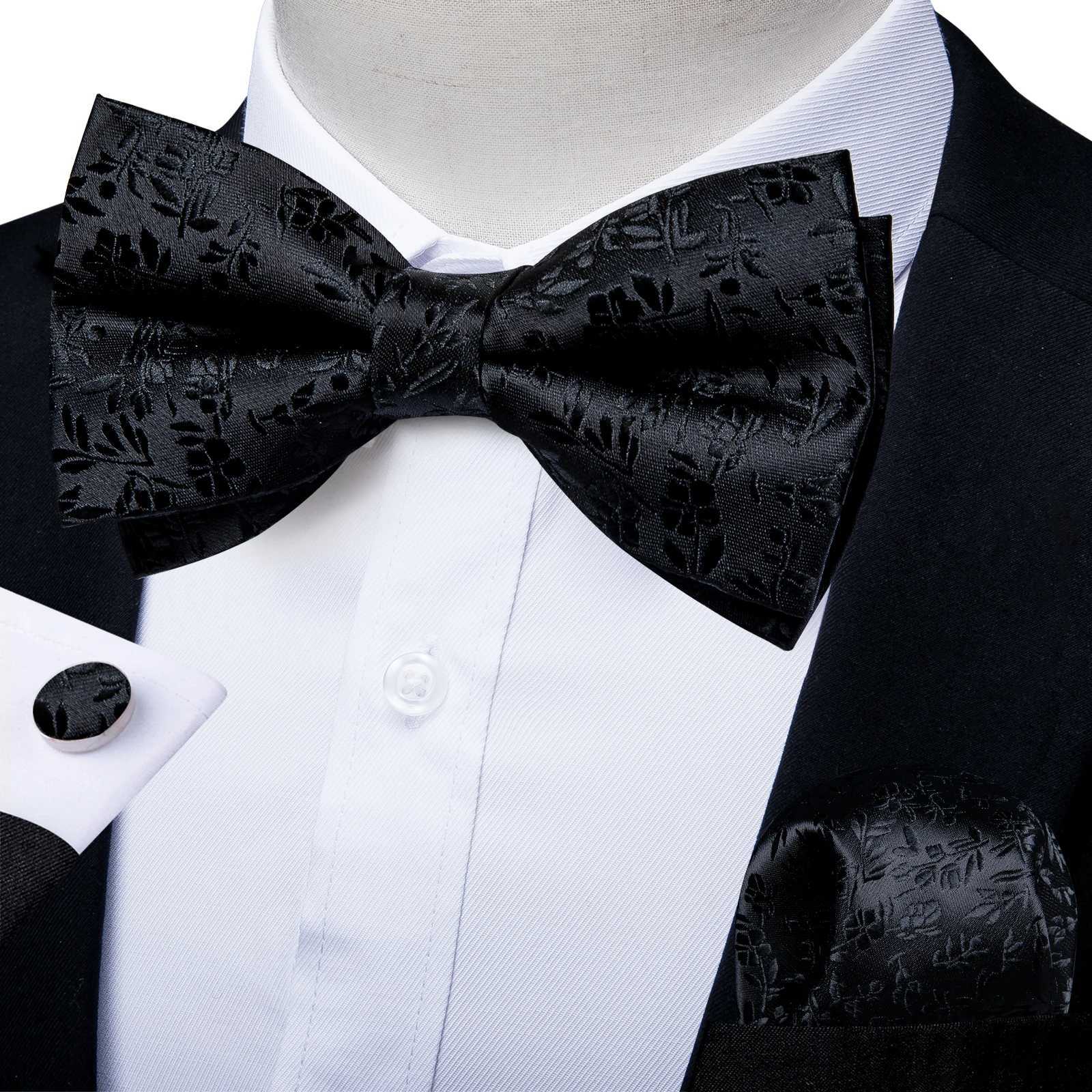 Classic black mens tie 100% silk tie pocket square cufflink set Paisley gold pre tie DiBanGu Y240925