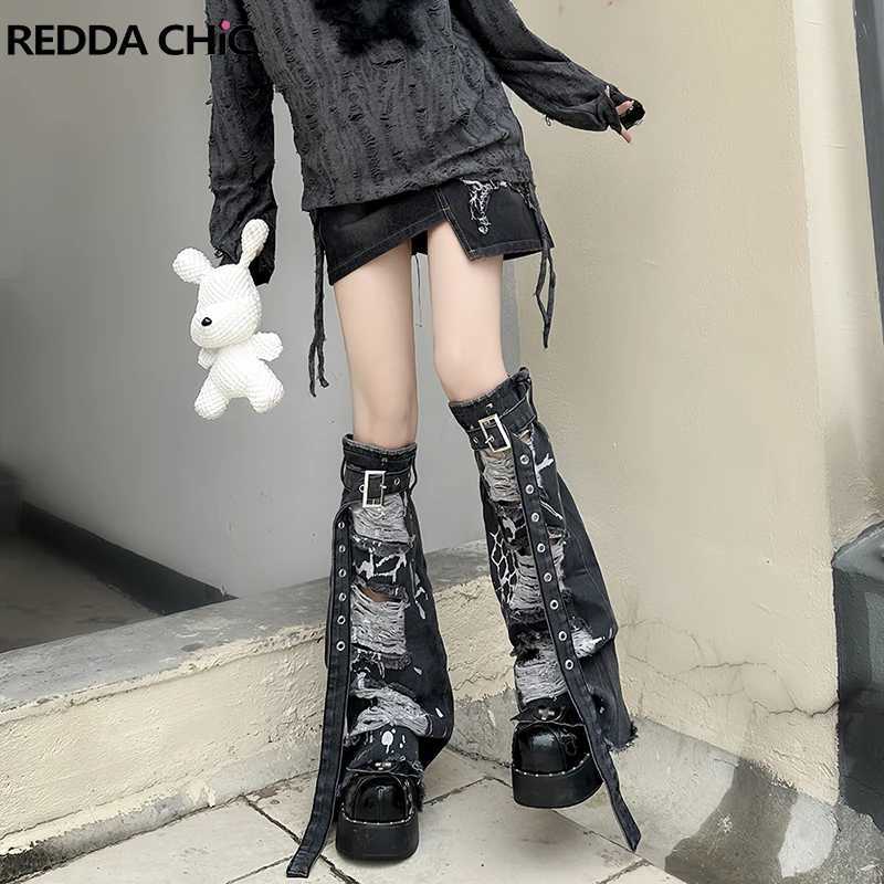 Other Fashion Accessories REDDACHiC Retro Gray Destroyed Leg Warmers Women Belted Frayed Silver Glitter Knee Long Denim Boots Cover Lolita Gothic Clo 