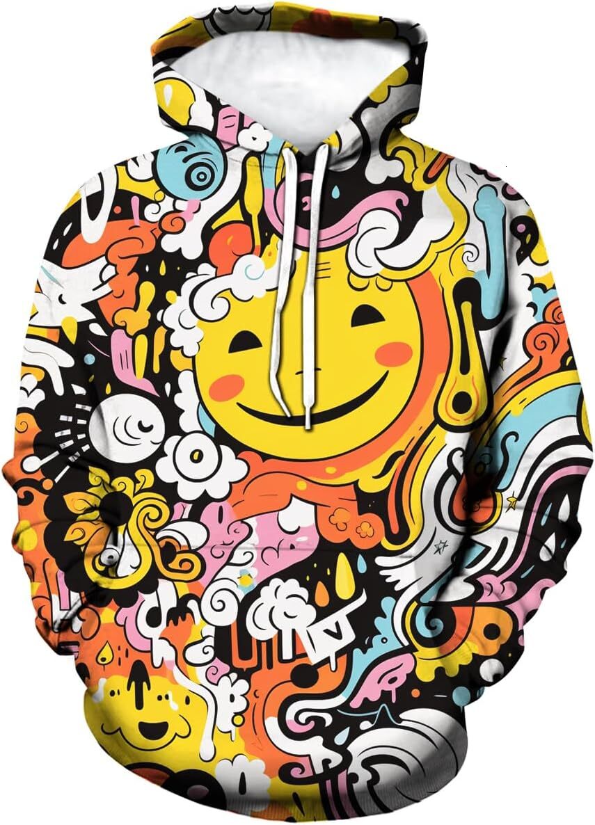 Hoodie for Mens Womens Mens Street Smile Graffiti Graphic Colorful Smiling Sunflower Graffiti Sweatshirts Pullover Hoodie Graphic Hoodies sweatshirt