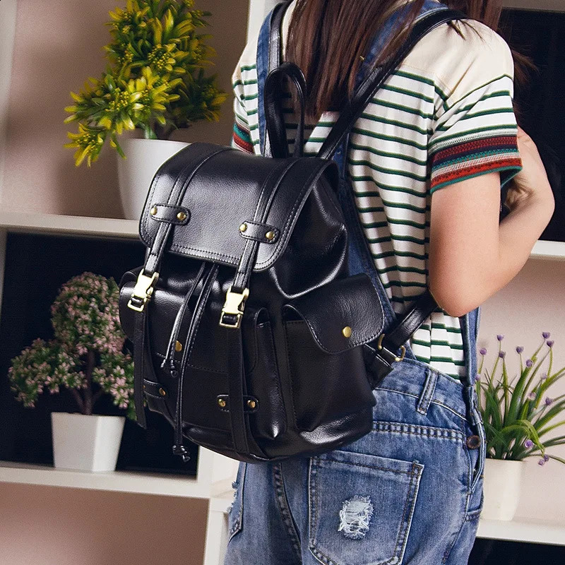 Retro Leather Backpack Womens Fashion Large Drawstring Rucksack School Travel Bag Teen Girls Mochilas Black Brown XA480H 240724
