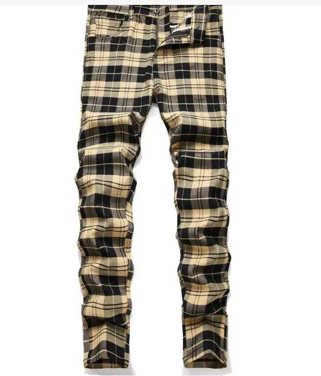 Mens Casual Plaid Pants High Stretch Straight Leg Trousers Slim Fit Small Leg Pants M240924