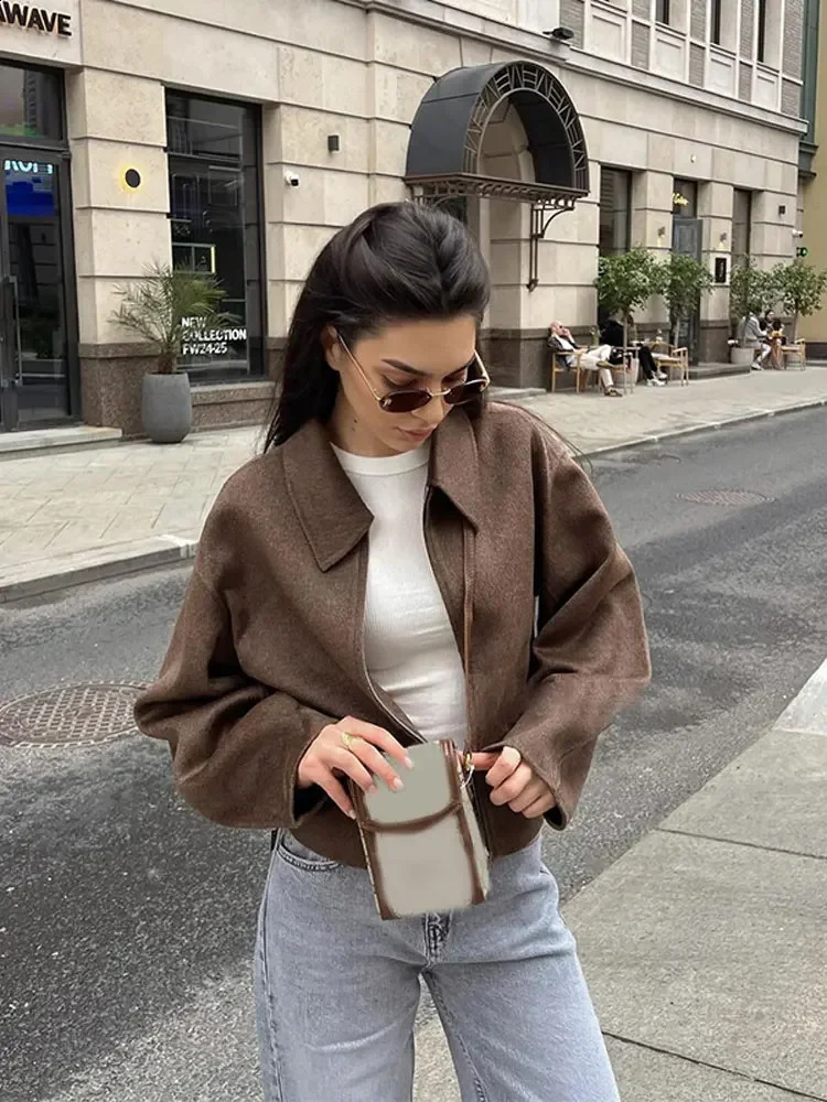 Womens retro brown short wool blend jacket elegant lapel long sleeved zipper cut fashionable autumn womens street 240924