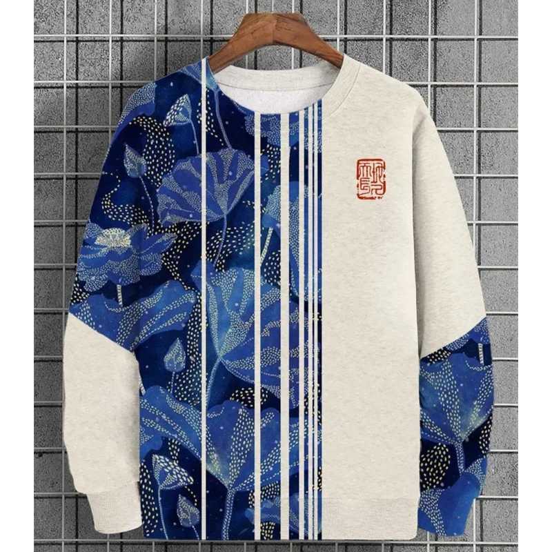 Mens floral cat pattern hoodie plant stripes 3D printing spring and autumn long-sleeved round neck casual sweater fashion largeX240925