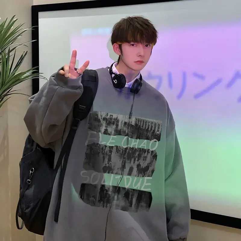 Sweater ins trendy brand men spring and autumn oversize high street jacket autumn loose round neck hoodless ins American styleX240925