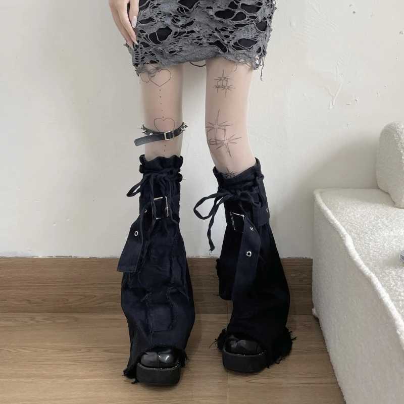 Other Fashion Accessories New Fashion Cool Thin Black Denim Leg Covers Vintage Drawstring Strap Punk Cross Design Horn Stacked Socks Womens Leg Warmer