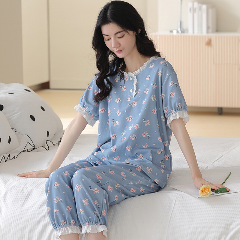 Spring And Women's Pamas Short Sleeve Pants Girls Vintage Home Clothes Cotton Loose Casual Suit Summer