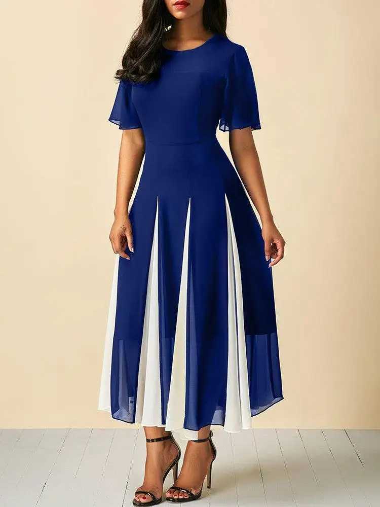 Plus Size Dress for Women Chiffon Patchwork Short Sleeve Casual Tunic Midi Dress Striped A-Line Round Neck Elegant Vintage Dress M240924