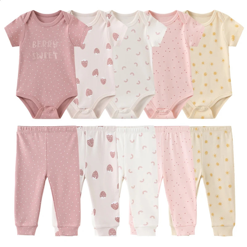 Unisex 6910 cotton bodysuitspants born baby girl clothing printed boy set short sleeved Beibei 240925