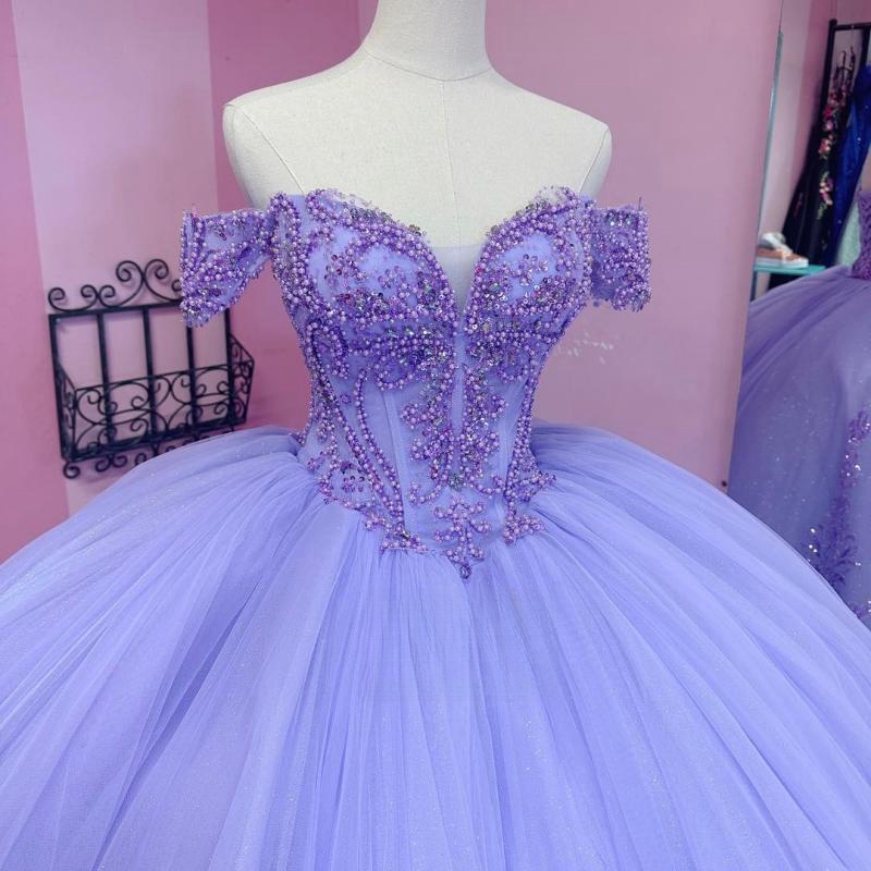 Luxury Lavender Shiny Quinceanera Dresses 2025 Sequin Lace Appliqued Crystal Off the Shoulder Ball Gown Sweet 16 Vestidos 15 De Anos