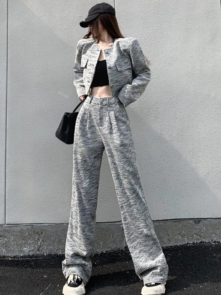 perfume tweed two-piece womens jacket jackethigh waist wide leg pants suit fashion casual two-piece suit 240925
