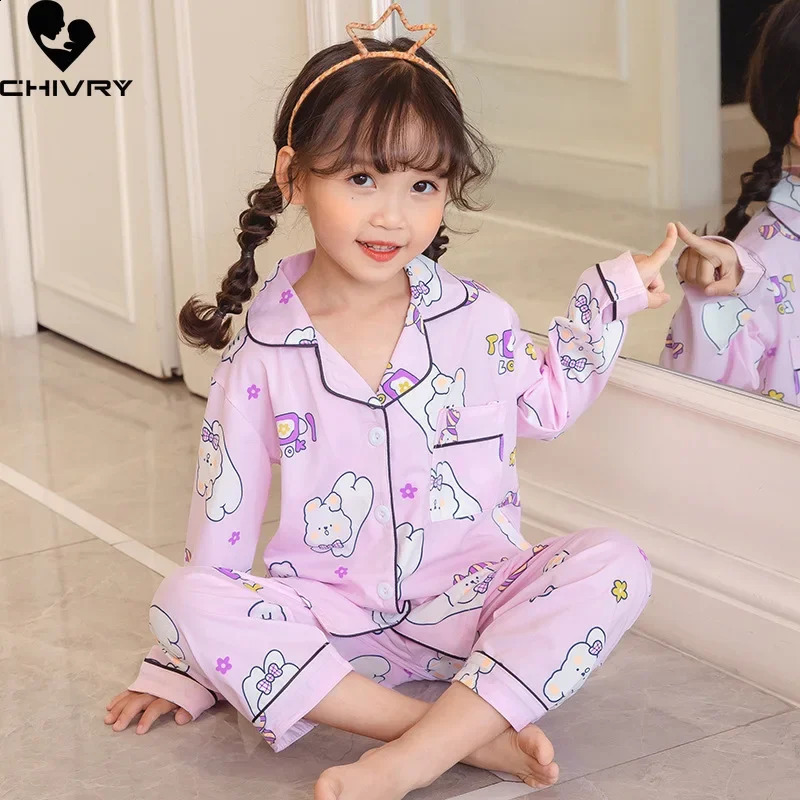Kids Boys Girls Pajamas Casual Cartoon Long Sleeve Lapel Shirt Tops with Pants Baby Summer Loose Sleeping Homewear 240921