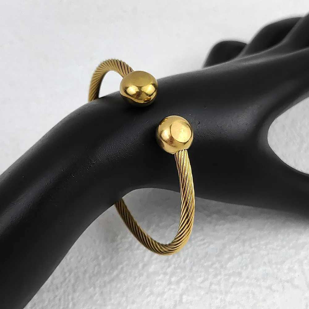 Double Round Ball Bangles for Women Stainless Steel Twisted Textured Opening Adjustable Bracelets Jewelry Valentines Day GiftsX240925