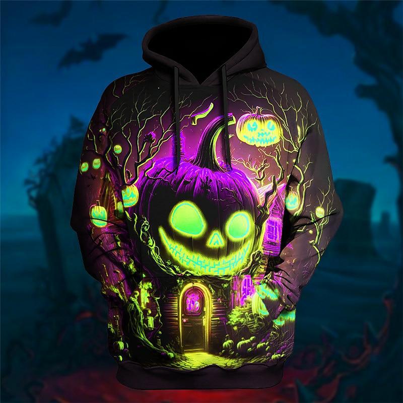 Men's 3D Pumpkin Printed Casual Pullover Hoodie, Soft Fleece Sweatshirt for Fall Season dh910320090