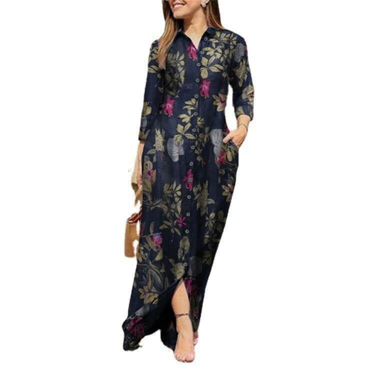 Women's holiday casual lapel sleeved robe ral printed cotton dress button shirt long