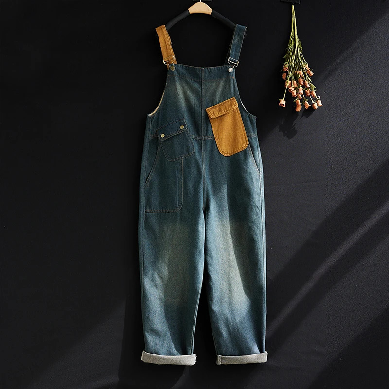 Retro Contrasting Denim Jumpsuits Women Loose Japanese Style Wide Leg Pants Casual Overall Pants Fashion Pocket Cargo Pants 240920
