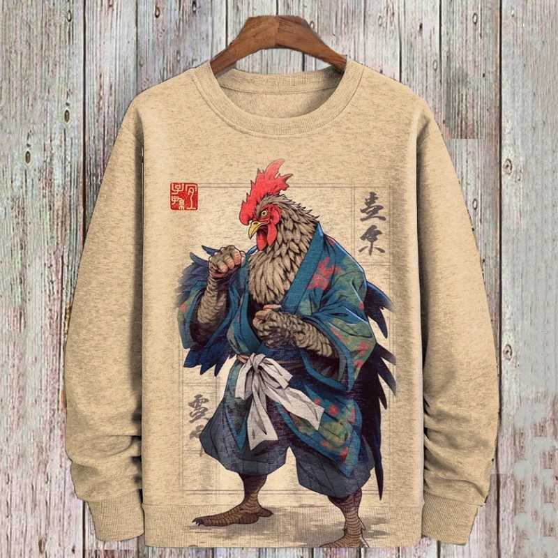 Kung Fu Chicken Pattern Hoodie For Men Vintage 3D Printed Pullover Autumn Street Long Sleeve Loose Sweatshirt Round Neck HoodiesX240925