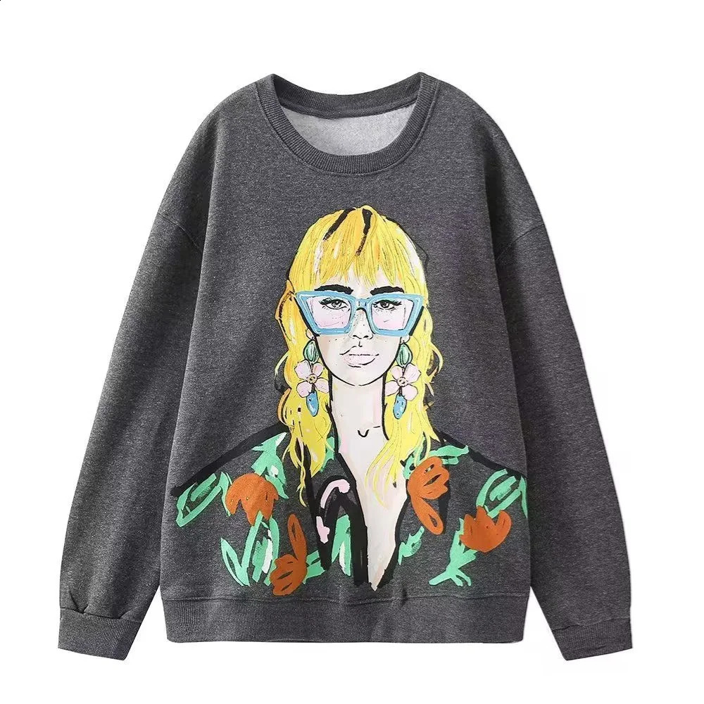 UNIZERA Autumn/Winter Womens Casual Loose Edition Round Neck Long Sleeve Printed Sweater 240925